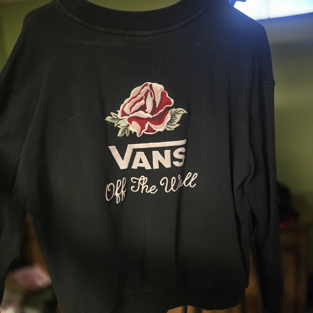 Vans Black Sweatshirt with Pink and Red Rose Graphic